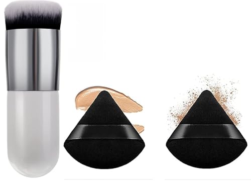 Image of SUNISA Round Foundation Makeup Brush, 2 Pieces Makeup Sponge Blender, 2 Triangle Powder Puffs, Face Cosmetic Puff, Washable Reusable Soft Plush Makeup Sponge