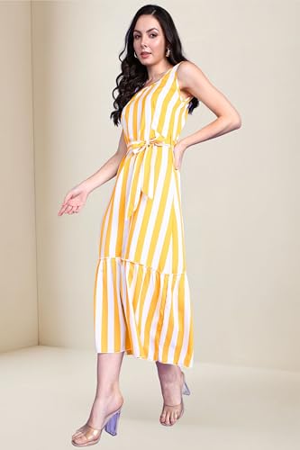 Image of POPWINGS Women Casual Blue & White Stripe Long Belt Dress Dress | Stylish Dress | Trendy Dress