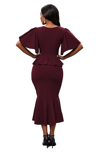 Image of Womens Summer Ruffle Short Sleeve Fishtail Dress Evening Cocktail Formal Peplum Midi Mermaid Dresses Elegant