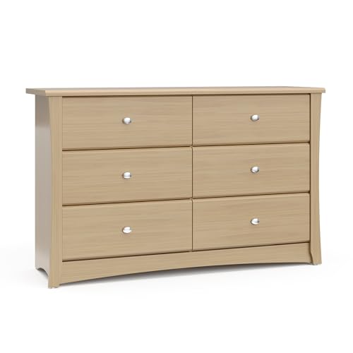 Image of Storkcraft Crescent 6-Drawer Dresser (Driftwood)– GREENGUARD Gold Certified, Brown Dresser for Bedroom, Kids & Nursery Storage Chest, Safety Interlocking Drawers, Pre-Installed Tracks, Kids Chest