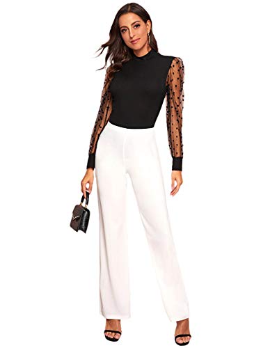 Verdusa Women's Polka Dots Sheer Mesh Long Sleeve Mock Neck Blouse (Small, Black) #TOP4