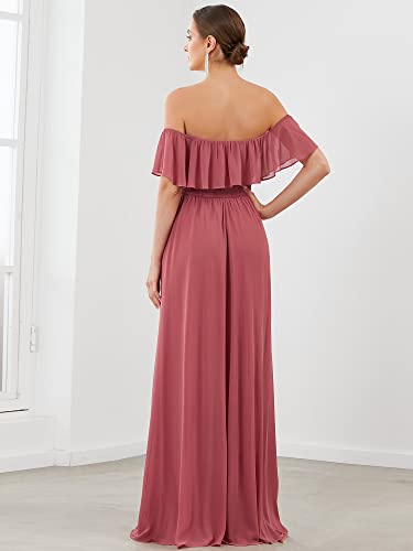 Image of Ever-Pretty Women's Summer Off The Shoulder Flowy Chiffon Formal Wedding Guest Dresses Maxi Side Split Beach Bridesmaid Dress