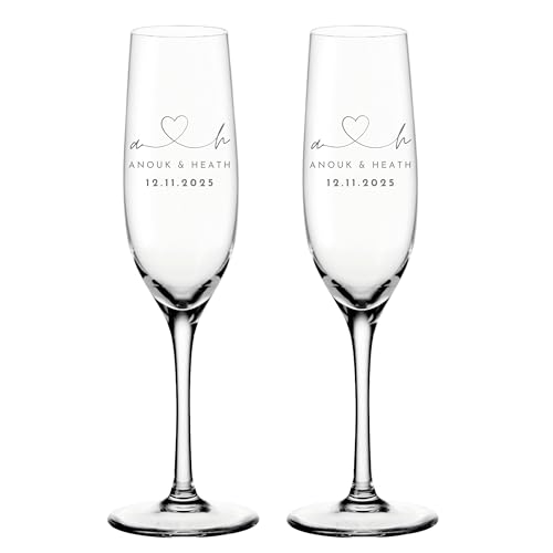 Leonardo Sektgläser mit Gravur 2er Set | Personalisiertes Hochzeitsgeschenk für das Brautpaar Initialen Herz Name und Datum | Champagner Gläser mit gezogenem Stiel
