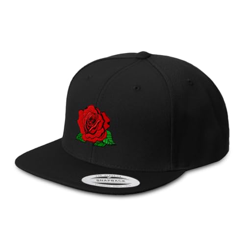 Speedy Pros Snapback Hats for Men & Women Red Rose Embroidery Acrylic Flat Bill Baseball Cap Black Design Only