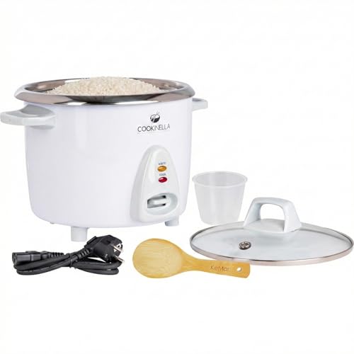 KeMar Reiskocher (1,4L, 500W, Weiß) Edelstahltopf - Glasdeckel mit Bambuslöffel & Messbecher - elektrischer Reiskocher Edelstahlschüssel, Warmhaltefunktion, 7 Messbecher für 1-6 Personen, KRC-200