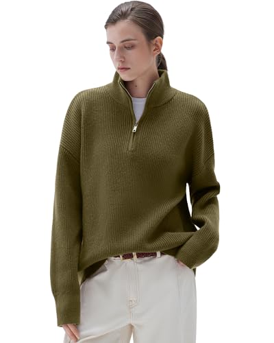 Image of SUUKSESS Women Cashmere Blend Oversized Quarter Zip Pullover Sweater Long Sleeve Collared Ribbed Knit Jumper Tops