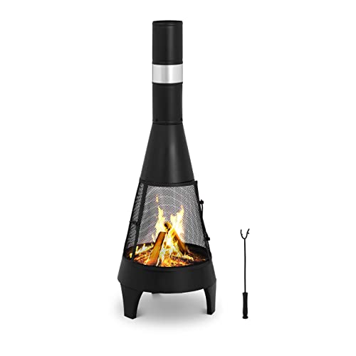 Uniprodo Uni_G_Chimney_08 Terrassenofen aus Stahl, Gartenkamin, Gartenofen, dekorative Feuerstelle, 360° Blick aufs Feuer, langes Ofenrohr, stabil, Moderne Optik, schwarz, mit Schürhaken