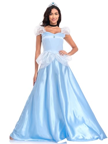 New front Femme Déguisement pour Cendrillon Panoplies de Costume Maxi Adolescent Fille Adulte Robe de Princesse pour Carnaval Manche Courte avec Couronne...