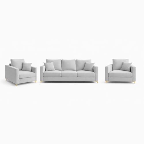 Image of Hayes Rich Velvet Suede 3+1+1 Seater Sofa Set | Golden Aesthetic Legs | Soft Touch Comfort Seating | 5 Person Seating | Modern Living Room Set (Light Gray)