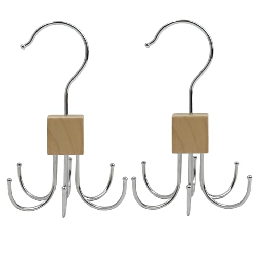 Belt Hanger For Wardrobe, 2 Pcs Belt Storage, Wooden Belt Organiser, Rotatable Scarf Hanger with 6 Hooks, Space Saving Closet Accessories for Belts, Scarves, Gloves, Socks, and More (Wood Color)