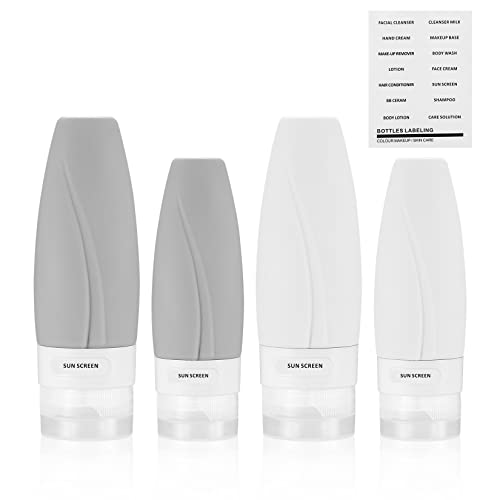 4 Piezas Botella de Viaje de Silicona, 90ml 60ml Contenedores de Viaje de Silicona Portátiles para Champús, Lociones y Artículos de Tocador, Cosmético, con Papel de Etiqueta