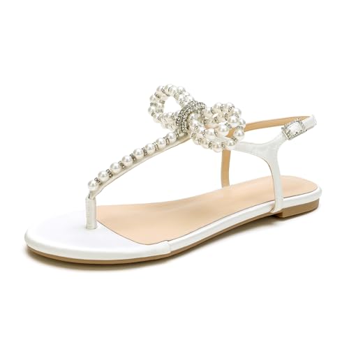 Women T-Strap Thong Sandals with Pearl Roman Style Flats with Bow,Bohemian Casual Beach Slingback Flat Sandals