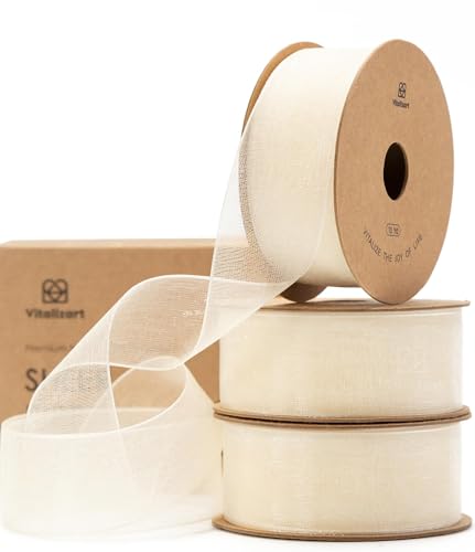 Vitalizart Cinta de Organza Blanca Marfil 2,5 cm x 27,4 m, Hecha a Mano, Cintas de Tela para Envolver Regalos, Árboles de Navidad, Bricolaje, Lazos, Invitaciones de Boda, Coronas de Flores