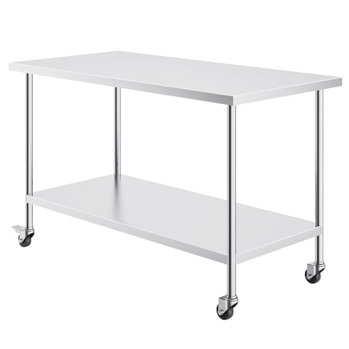 Happybuy 30x60x38 Inch Stainless Steel Work Table with 4 Wheels, 3 Adjustable Heights, Heavy Duty Food Prep Worktable for Commercial Kitchen, Restaurant, Silver