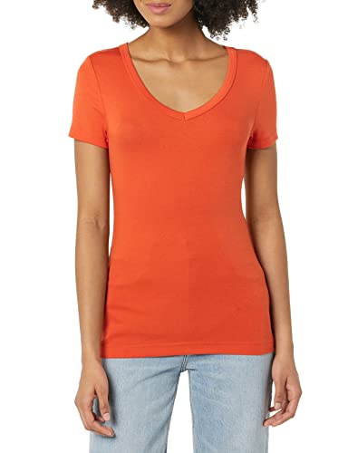 Amazon Essentials Women's Slim-Fit Short-Sleeve V-Neck T-Shirt, Pack Of 2, Black/Tomato Red, Small #TOP1