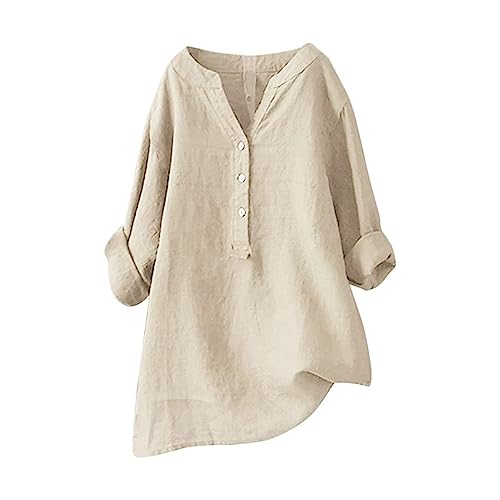 Longbluse Damen Sommer V-Ausschnitt Button-Down Bluse Übergröße Musselin Shirts 3/4-Ärmel Leinenbluse Atmungsaktive Tops,Beige,4XL