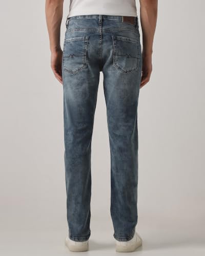 Image of MUFTI Originals Men Jeans Casual | Relaxed Straight Fit Mid Rise Washed Pattern with Whiskering Five Pocket Flat Front Style | Cotton Blend Stretch Denim