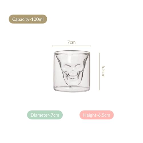 Image of Nestasia Set of 4 Skull Shaped Shot Glass Double Wall (100ml) | Dishwasher Safe, Transparent, Elegant | Stylish Glasses for Whiskey, Liquor, Cocktails, Vodka, Tequila