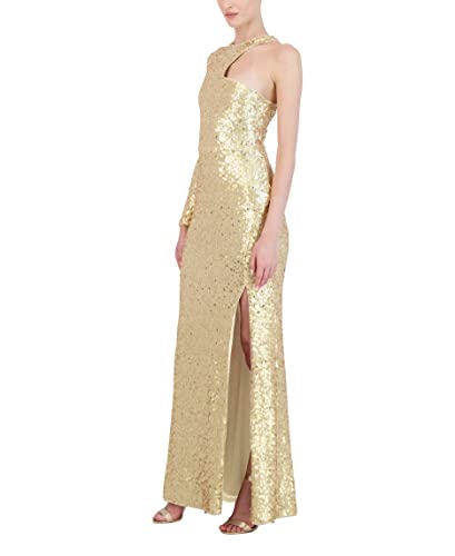 Bcbgmaxazria Women's Fit And Flare Floor Length Sequin Evening Gown One Long Sleeve Crew Neck Cut Out Side Slit, Gold, Xx-Small #TOP1