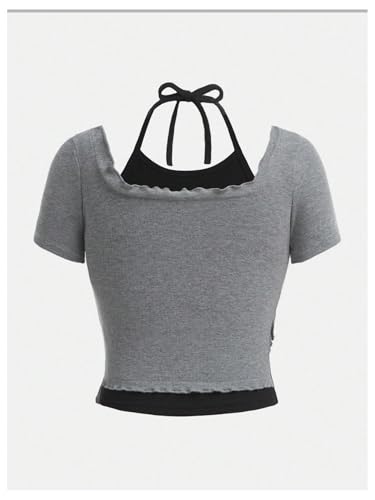 Girl's Halter Crop Tops Colorblock Bowknot Fake Two Piece Cute Summer T Shirt Y2k Tops Trendy2