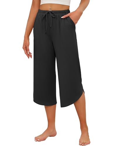 Ekouaer Womens Pajama Pants Capri Wide Leg lounge Pj Pants Summer Comfy Drawstring Pajama Bottoms with Pockets Black Small
