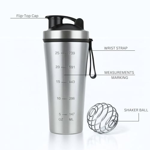 Image of Speedex YouFit Stainless Steel Gym Shaker Bottle 750ml with Mixing Ball | Leakproof Protein Shaker for Gym, Wide Mouth, Measurement Markings, Carry Loop Flip Cap | Metal Shaker for Men & Women, Silver