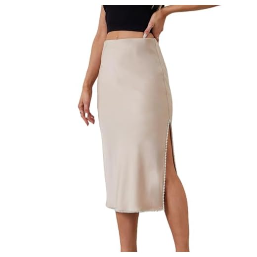 chunjiangz Saia midi de cintura alta com fendas laterais de cristal, Bege, G