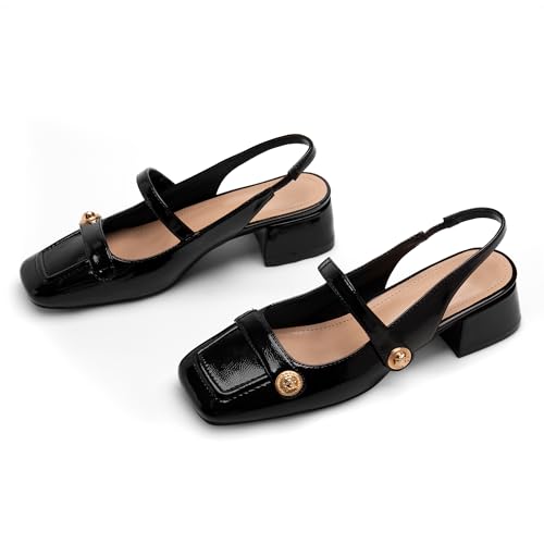 Image of Slingback Mary Jane Heels for Women Low Block Heel Closed Square Toe Pump Shoes Heels Classic Daily Office Dressy Shoes
