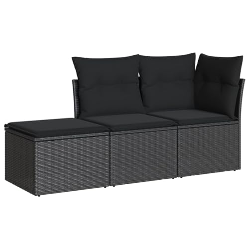 vidaXL Set de Sofás de Jardín con Cojines 3 pzas, Mesa y Asientos Modulares, Conjunto de Muebles para Terraza Patio, Ratán Sintético Negro