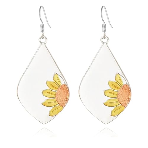 coadipress Handmade Retro Hammered Oval Dangle Earrings for Women Bohemian Earring Lightweight Simple Geometry Crescent Earring Ethnic Hammered Earring (Silver Sunflower)