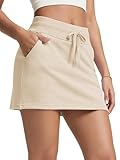 ODODOS Women's Cotton French Terry Skorts Drawstring Tie Built-in Shorts Casual Skirts with Pockets, Light Khaki, Medium
