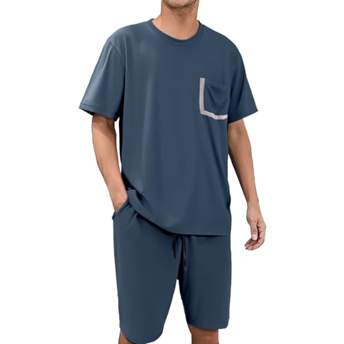 Faonkeew Pijama corto para hombre, traje de casa para dormir, pijama de verano, conjuntos de pijama con cuello redondo, ropa de dormir de manga corta con bolsillos y pantalones de pijama, Verde