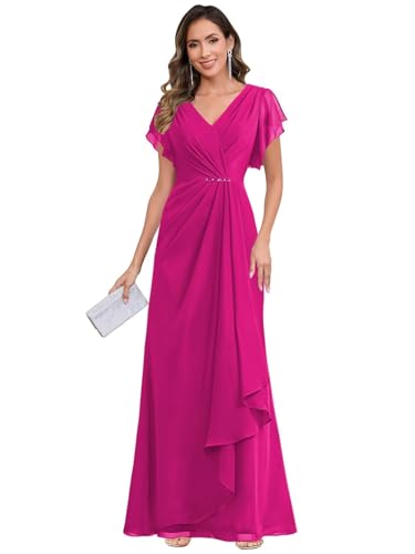 Long Mother of The Bride Dresses for Women Wedding Chiffon Ruffles Beaded V-Neck Formal Evening Dress