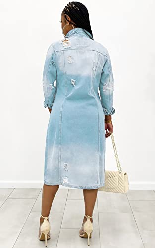 Womens Distressed Ripped Lapel Trench Coat Slim Fit Button Down Washed Long Jean Jacket3