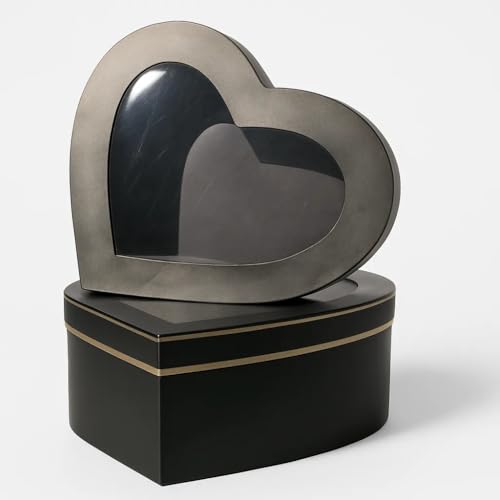 Image of Oasis Pack of 2 Italic Heart Shaped Gift & Flower Hamper Boxes With Clear Lid | Classic Bouquet Box for Flower Arrangements & Gift Hampers | Decorative Gift Packaging Box - Midnight Black Heart