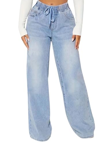 Women's Drawstring Jeans Elastic High Waisted Wide Leg Denim Pants Casual Baggy Jeans with Pockets