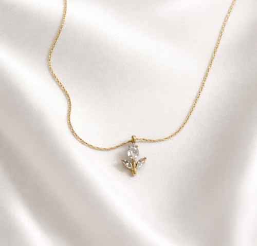 Image of Gold-Tone White Crystal Tulip Necklace for Women, Flower Pendant Dainty Chain Floral Style, Stainless Steel Anti Tarnish necklace Waterproof Hypoallergenic, Gift for Her Daily wear