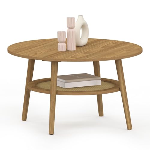 IDMarket - Table Basse Ronde HANAE 70 cm Bois façon hêtre et Plateau Effet Naturel cannage