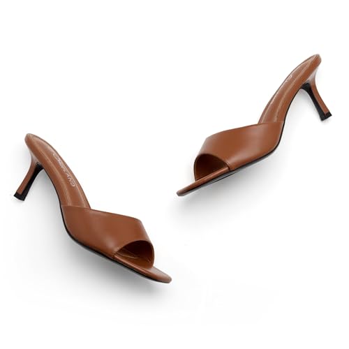Image of Shoe Land Women's Low Heels Stiletto Heeled Slides, Open Toe One Band Slip-On Heeled Mules - Dressy Heeled Sandals for Prom, Party Wedding and Vacation