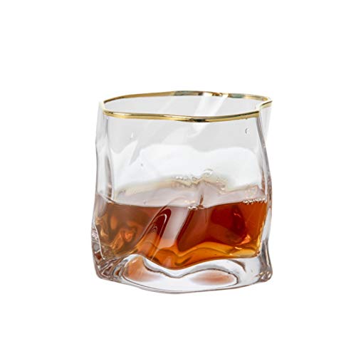 HNGM Tumblers Art Design Crumple Irregular Frosted Brandy Snifter Whiskey Rock Glass Old Fashioned Cup Liqueur Whisky Tumbler Beer Glasses (Capacity : 245ml 10oz, Color : 1 x Gold Edge)