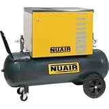 Compresor de aire con pistón horizontal insonorizado, Nuair de 10 bar, con una capacidad de depósito de 100 litros. Motor de 3 CV, 2,2 kW para un volumen generado de 24 m3/h. Características: marca: NUAIRPotencia motor: 3 CV - 2,2 kWCapacidad del depósito: 100 litros. Caudal generado: 24 m3/hPresión: 10 bares. Alimentación: 230 V Mono – 50 Hz. Velocidad de rotación: 1100 Hz. Nivel de ruido: Sonido: 68 dB. Dimensiones: 1200 x 470 x 1000 mm. Peso: 110 kg