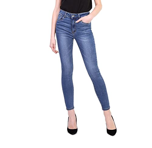 Toxik3 Stretch Skinny Fit Dekorativen Reisverschluss Jeans knöchelfrei High Waist Used-Look Jeans Waschungseffekt (M) Cover