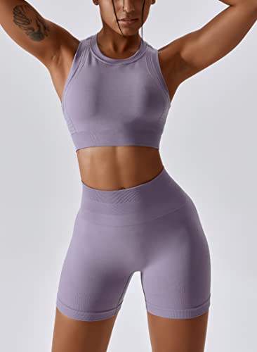 Image of Workout Sets for Women 2 Piece Seamless Ribbed Tank Top Sport Bra High Waist Biker Shorts GYM Yoga Exercise Outfits