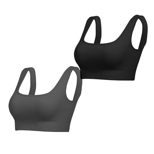 Lemef Reggiseni sportivi da donna con scollo quadrato a costine, senza cuciture, supporto medio, per yoga, crop top, allenamento, non imbottito, Nero e grigio, L