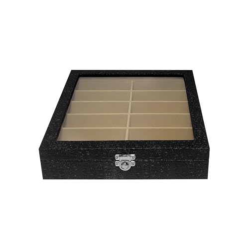 Estojo Porta Óculos 12 Casulos Preto Com Interno Aveludado Bege Caixa Organizador Maleta para Óculos