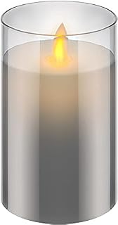 LED Echtwachskerze im Glas, 12,5cm, bewegliche Flamme, Timer, mit Batterie, Grau
