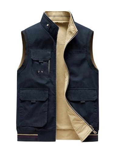 Bychen Men's 100% Cotton Washed Reversible Vest 9 Concealed Pockets Travel Casual Gilet Safari Outwear (US, Alpha, Medium, Regular, Regular, NAVY/beige)
