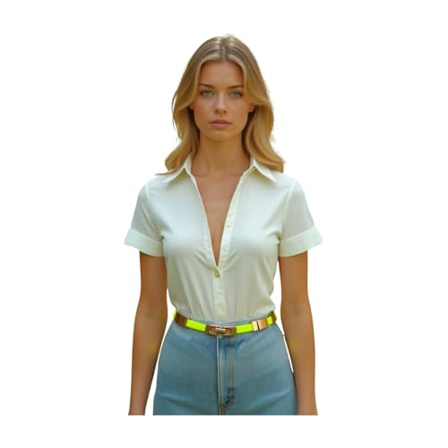 Women Narrow Elastic Fashion Belt Gold Metal Buckle Size S M L Neon Yellow Color3