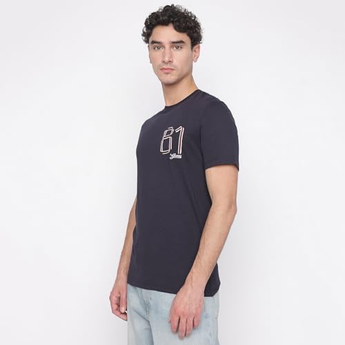 Image of GUESS Smart Blue Solid Round Neck Short Sleeves T-Shirt