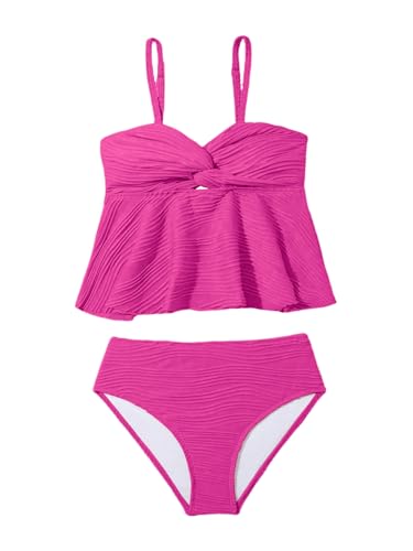 Image of OYOANGLE Girl's 2 Piece Tankini Swimsuit Textured Twist Front Ruched Ruffle Bikini Set Bathing Suits